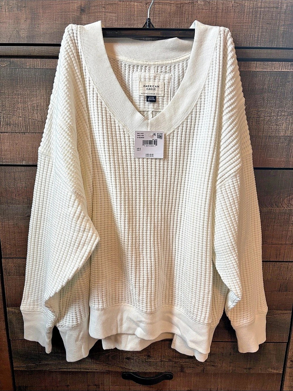 Aerie Textured V-Neck Pullover in Cream Size Large NWT